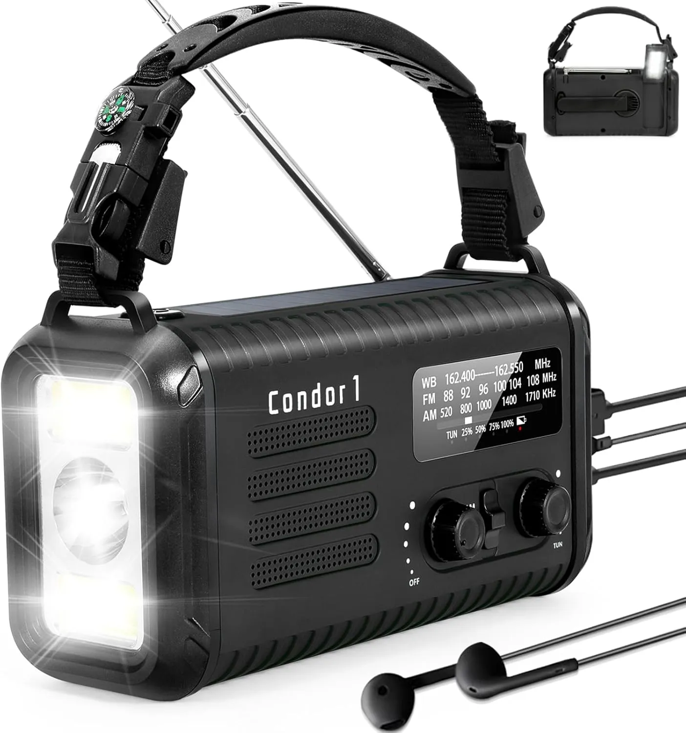 Emergency Weather Radio (Condor 1) NOAA/AM/FM with 74000mWh Portable Radio, USB-C/Solar/Hand Crank Charging, SOS Alarm, Flashlight, Reading Lamp & Survival Handle Kit for Indoor/Outdoor (Black)
