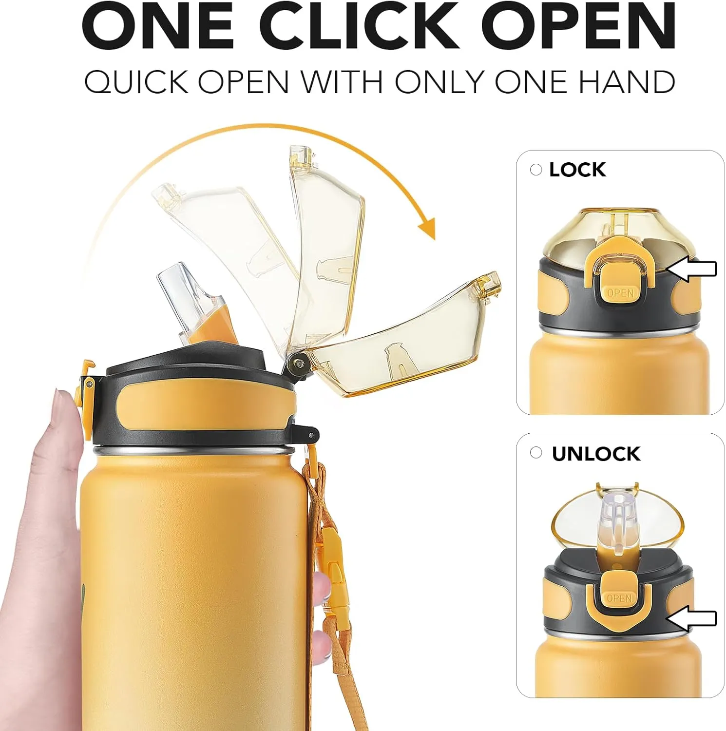 Enerbone Insulated Water Bottle, 32 oz Stainless Steel Water Bottles with Carrying Strap, Double-Wall Vacuum Insulation Thermos, Leakproof Sports Bottle with Straw, Keep Drinks Hot or Cold for Hours