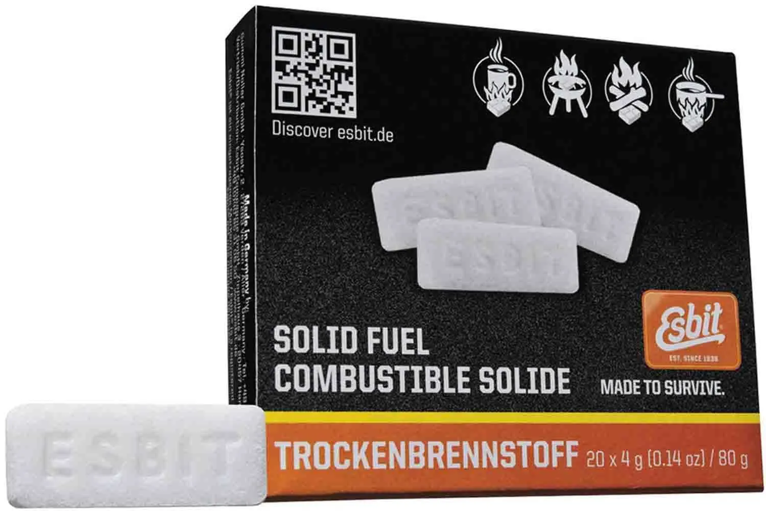 Esbit 4g Solid Fuel Tablets for Backpacking & Camping Stoves & Grills, 1300-Degree Smokeless Emergency Fire Starter Squares, 20 Pack