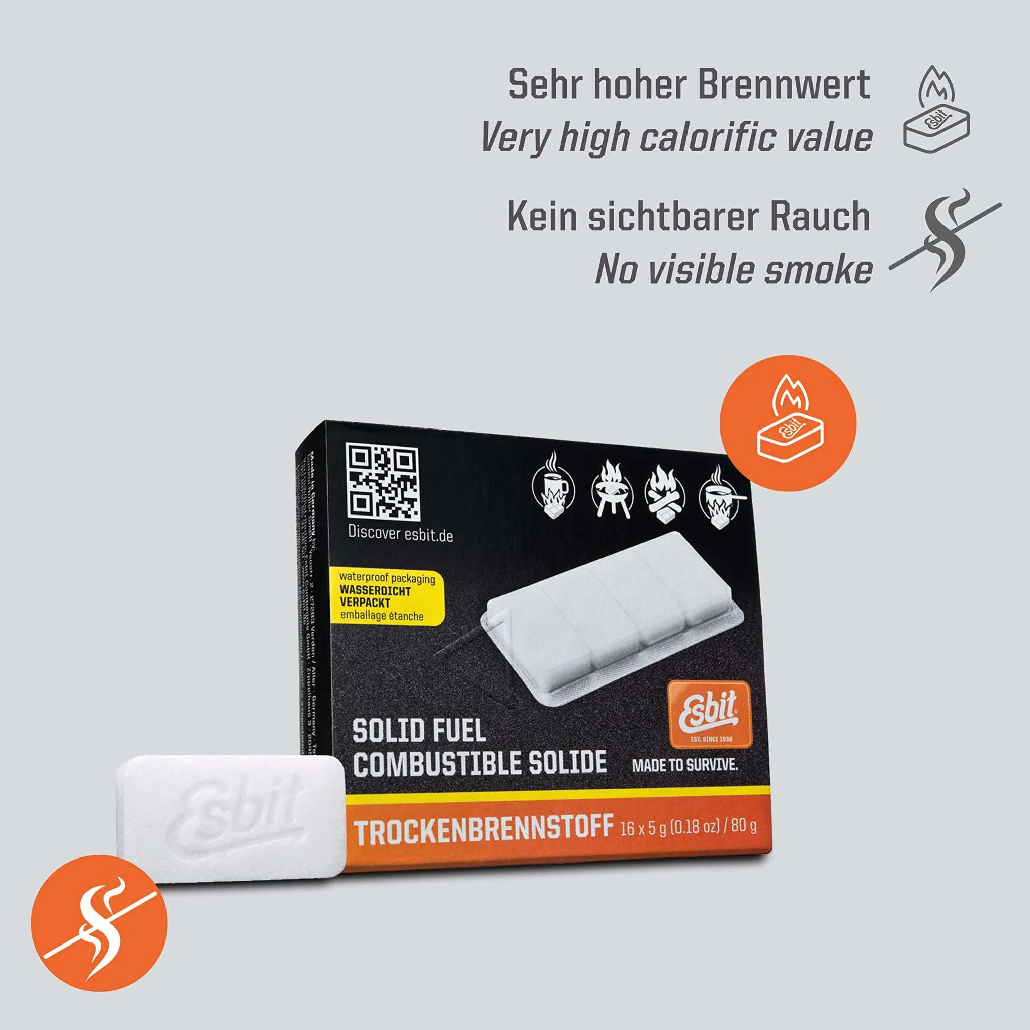 Esbit 4g Solid Fuel Tablets for Backpacking & Camping Stoves & Grills, 1300-Degree Smokeless Emergency Fire Starter Squares, 20 Pack