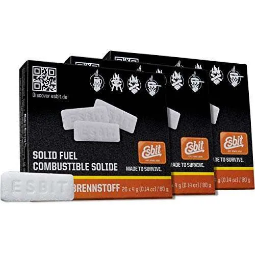 Esbit 4g Solid Fuel Tablets for Backpacking & Camping Stoves & Grills, 1300-Degree Smokeless Emergency Fire Starter Squares, 20 Pack