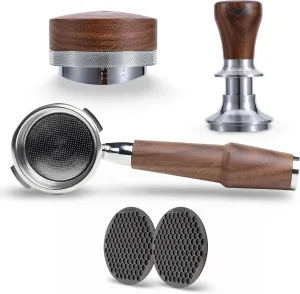 Espresso Tool Set for Gaggia Classic, Classic Pro, Classic Evo & E24 – Bottomless Portafilter 58mm with Walnut Handle, 58.5mm Calibrated Tamper, Coffee Distributor and 2pcs Puck Screen