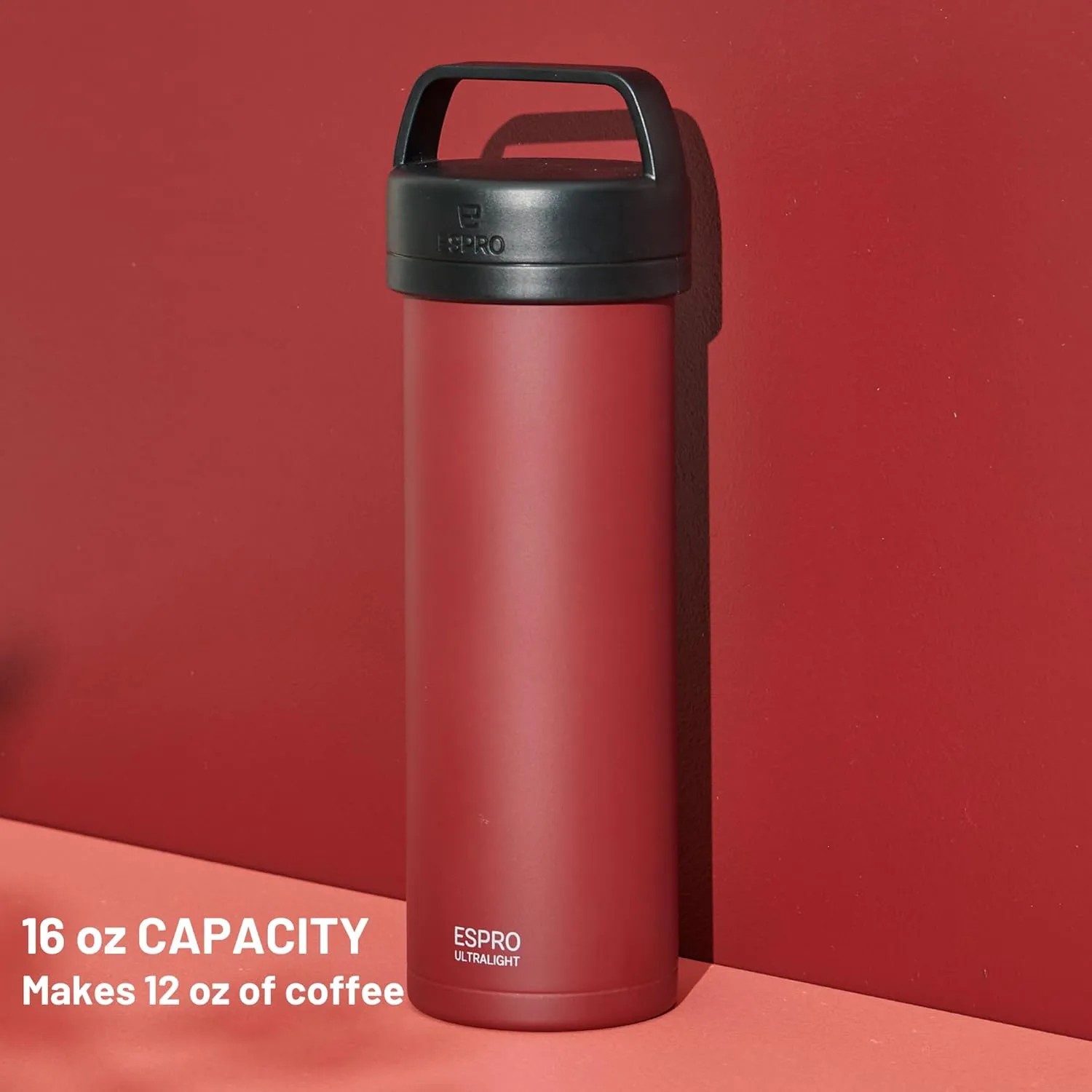 ESPRO P0 Ultralight French Press Coffee Maker for Travel, Vacuum Insulated Stainless Steel, 16 Ounces, Cranberry