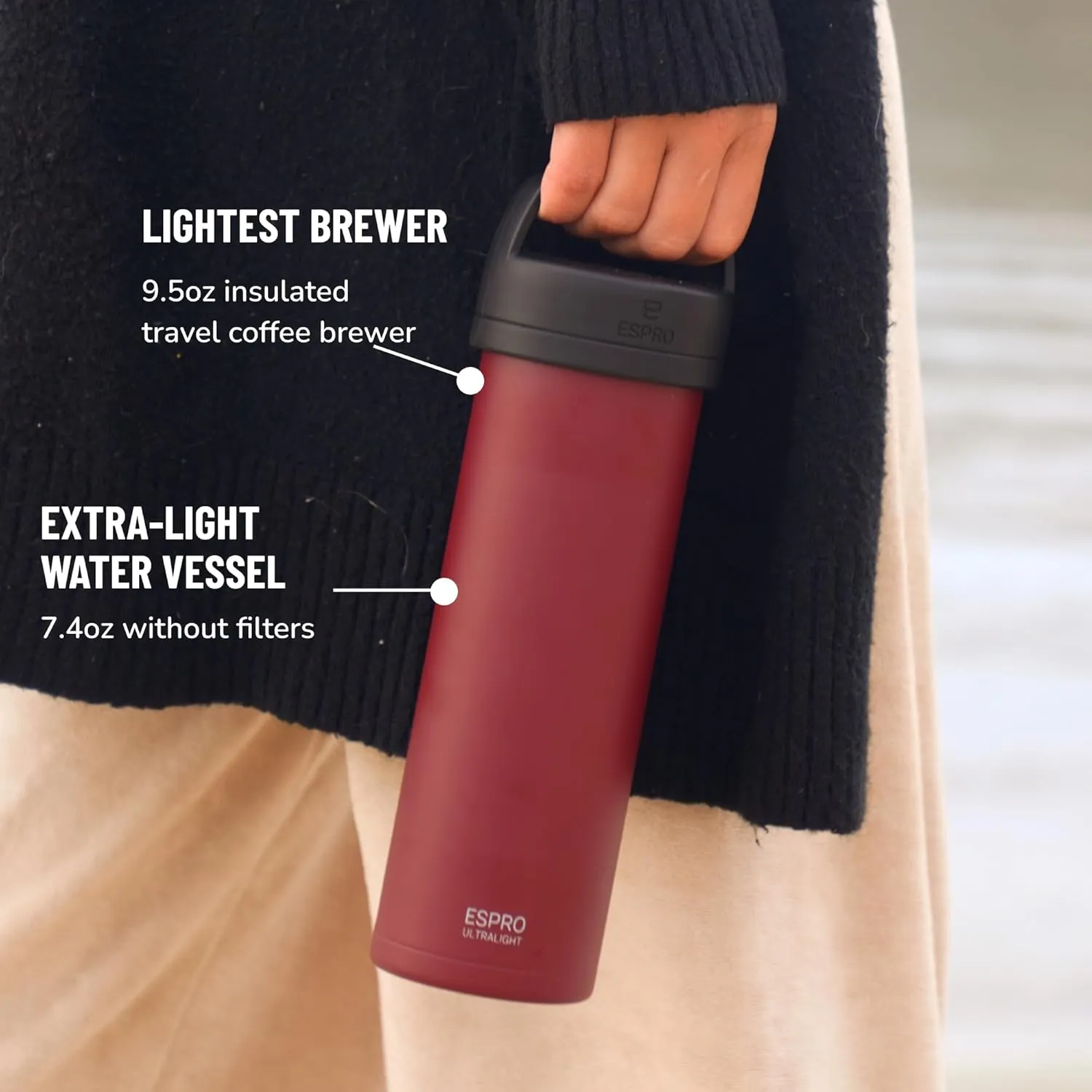 ESPRO P0 Ultralight French Press Coffee Maker for Travel, Vacuum Insulated Stainless Steel, 16 Ounces, Cranberry