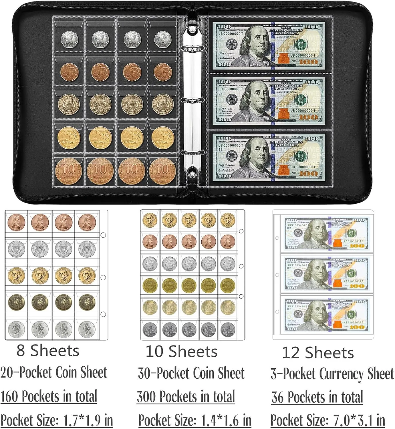 Ettonsun Fireproof Coin Collection Book Holders for Collectors, 460 Pockets Coin Organizer Sleeves Coin Album & 36 Currency Sleeves Album Money Holder Coin Storage Case (Green-Upgraded)