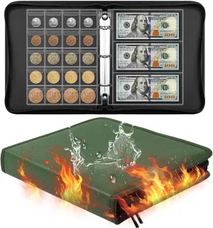 Ettonsun Fireproof Coin Collection Book Holders for Collectors, 460 Pockets Coin Organizer Sleeves Coin Album & 36 Currency Sleeves Album Money Holder Coin Storage Case (Green-Upgraded)