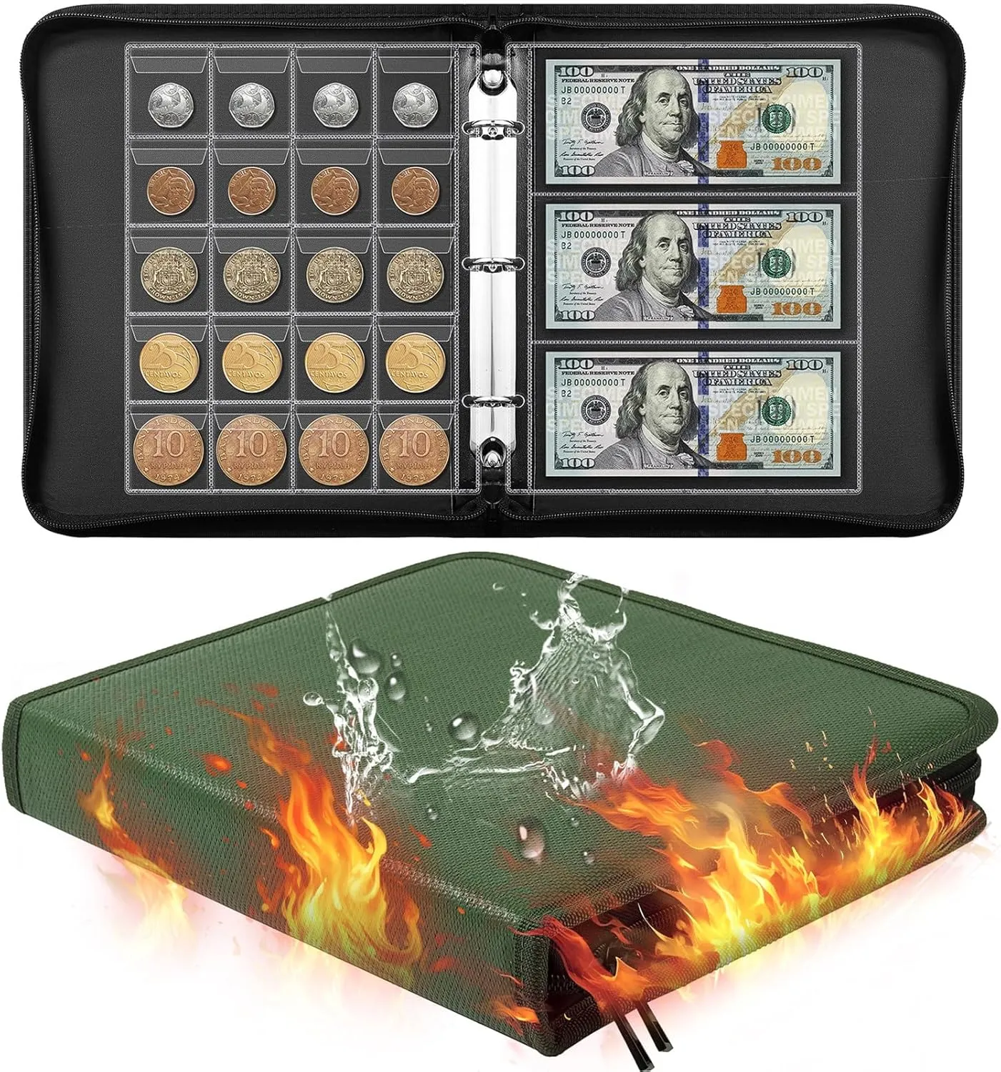 Ettonsun Fireproof Coin Collection Book Holders for Collectors, 460 Pockets Coin Organizer Sleeves Coin Album & 36 Currency Sleeves Album Money Holder Coin Storage Case (Green-Upgraded)