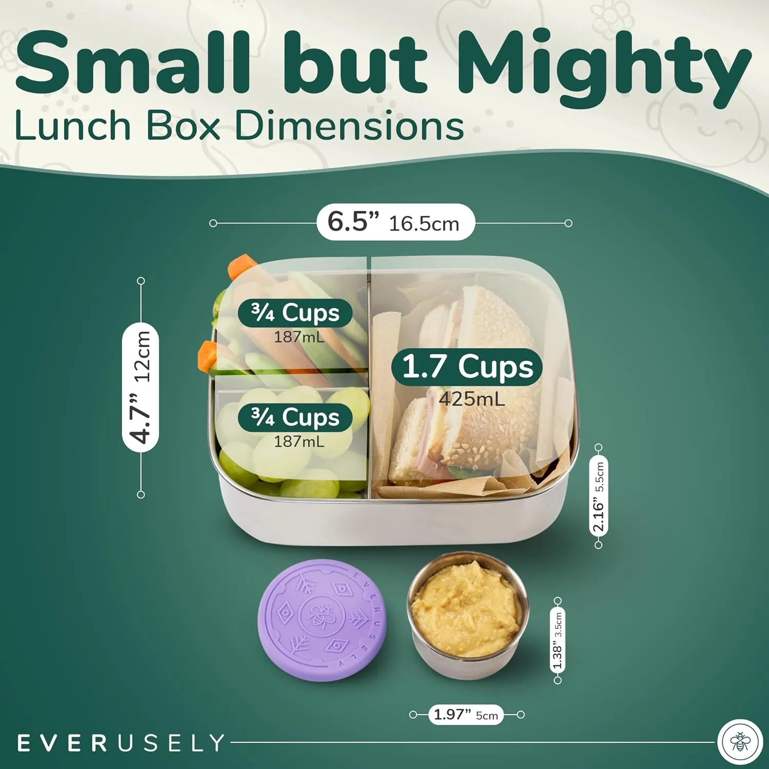 Everusely - Bento Box for Kids - Lavender, 6.5x4.7 / 27oz - Stainless Steel Lunch Box w/Leakproof Condiment Container - 3 Compartment Snack Box for School, Office Meals - Freezer & Dishwasher Safe