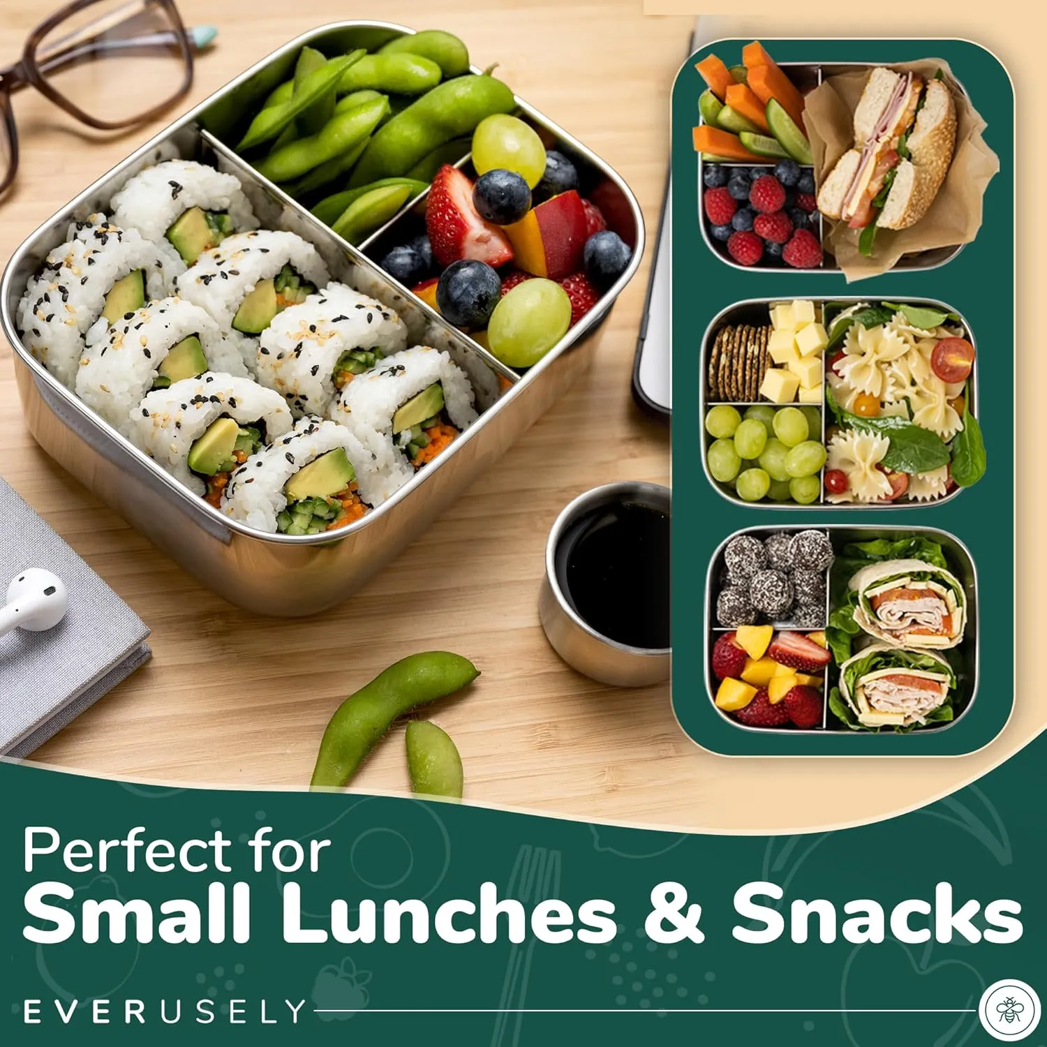 Everusely - Bento Box for Kids - Lavender, 6.5x4.7 / 27oz - Stainless Steel Lunch Box w/Leakproof Condiment Container - 3 Compartment Snack Box for School, Office Meals - Freezer & Dishwasher Safe