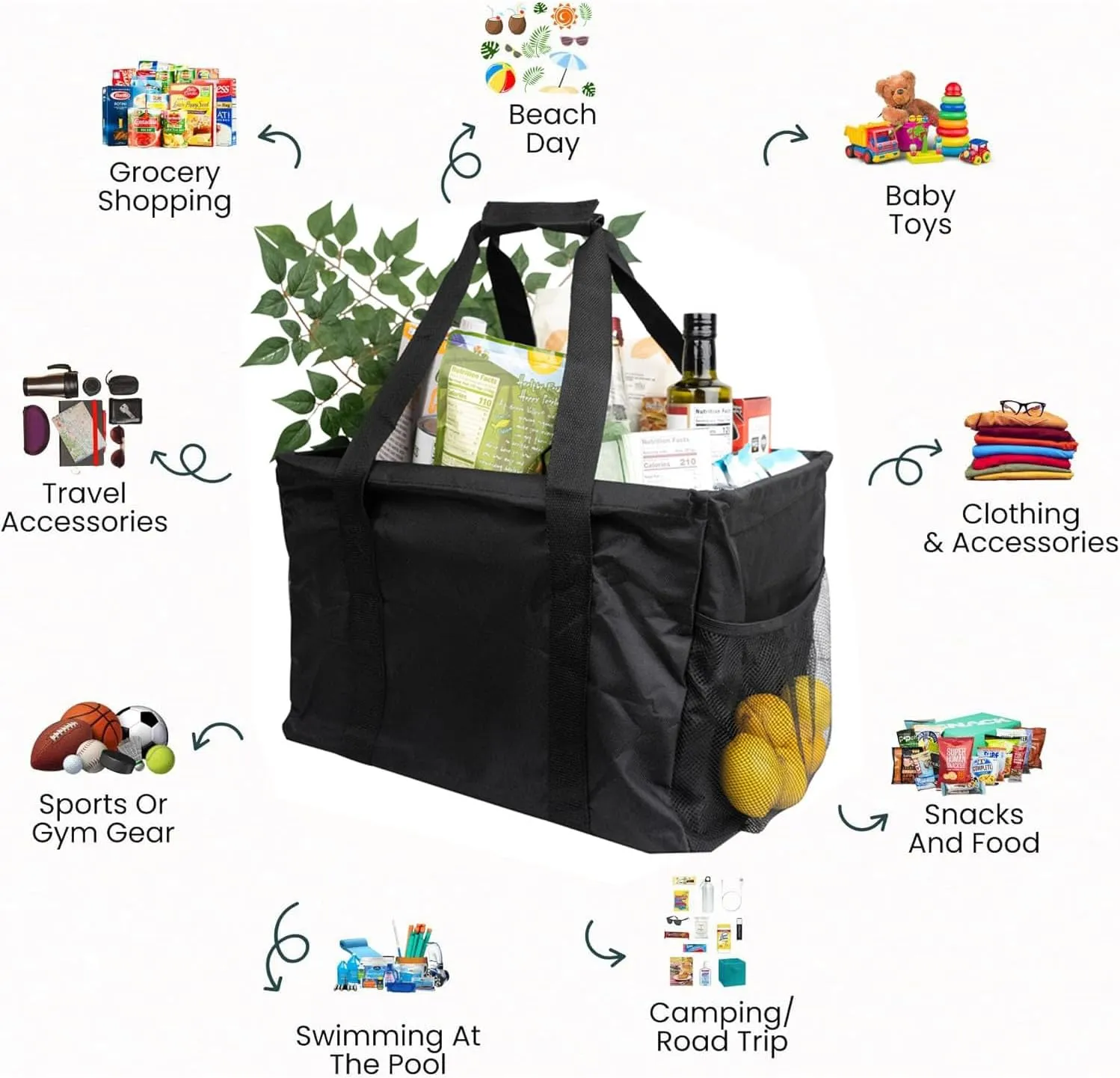 Extra Large Utility Tote Bag - Collapsible Tote with Wire Frame for Beach, Groceries, Travel - Includes 5x7 Bag
