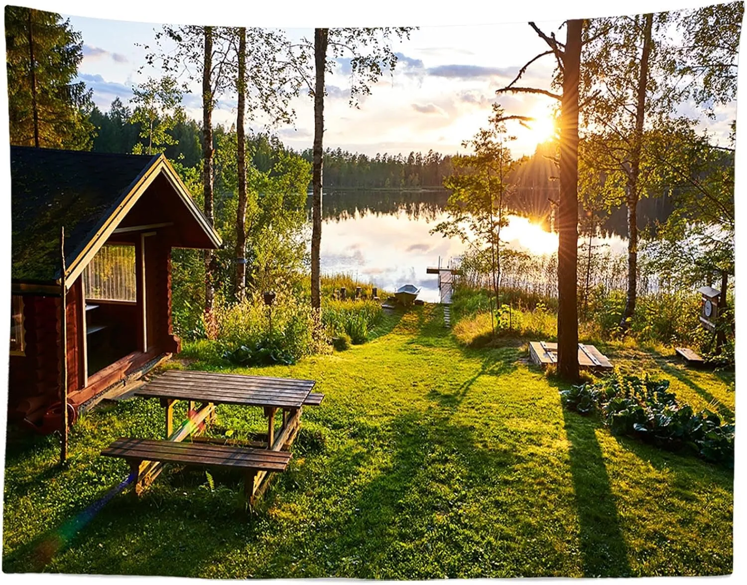 Fabric 10x8ft Forest Lake Backdrop Sunset Forest Lakeside Quaint Log Cabin Idyllic Scene Background Outdoor Camping Hiking Party Decorations Kids Adults Artistic Portrait Photo Studio Props