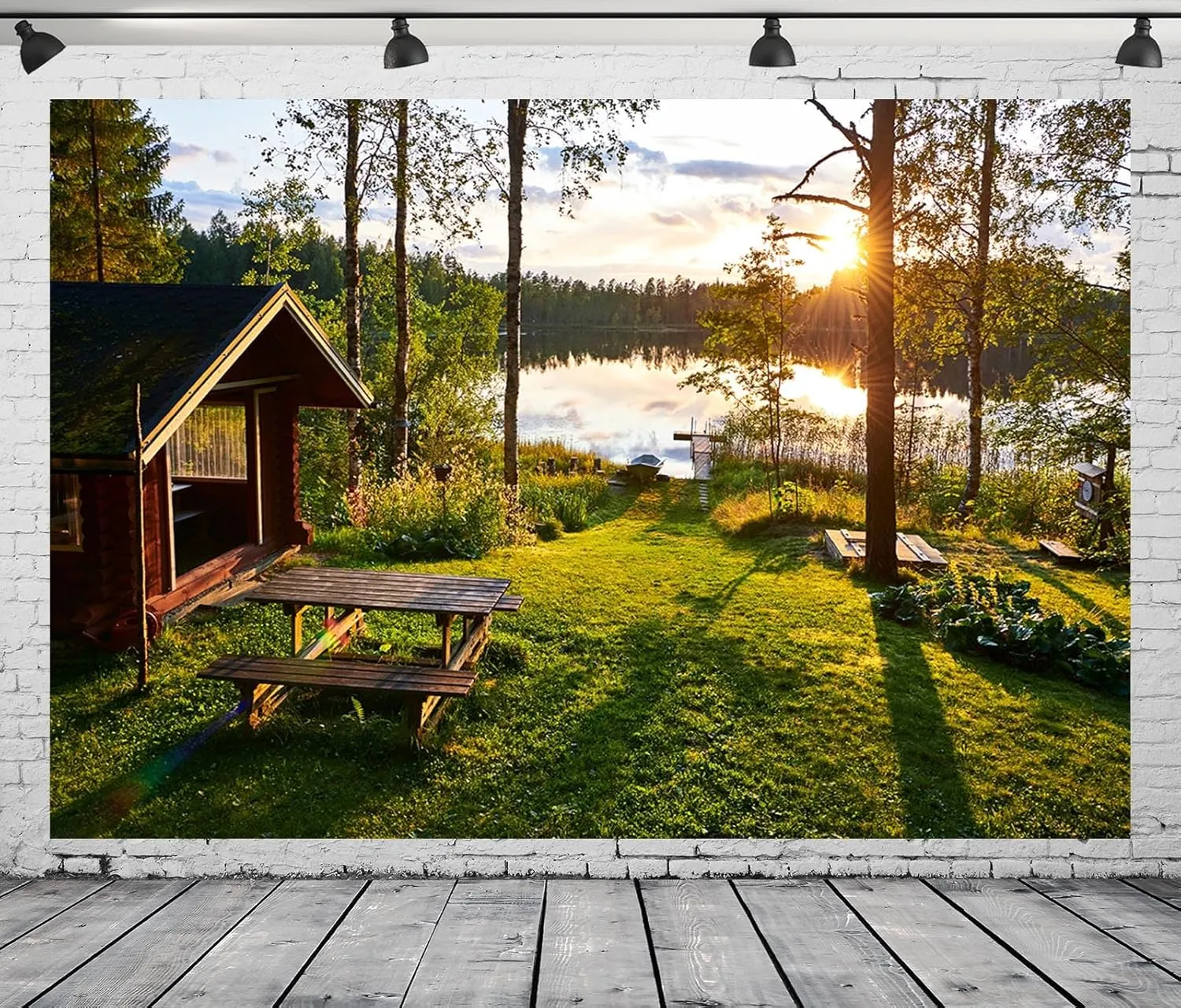 Fabric 10x8ft Forest Lake Backdrop Sunset Forest Lakeside Quaint Log Cabin Idyllic Scene Background Outdoor Camping Hiking Party Decorations Kids Adults Artistic Portrait Photo Studio Props