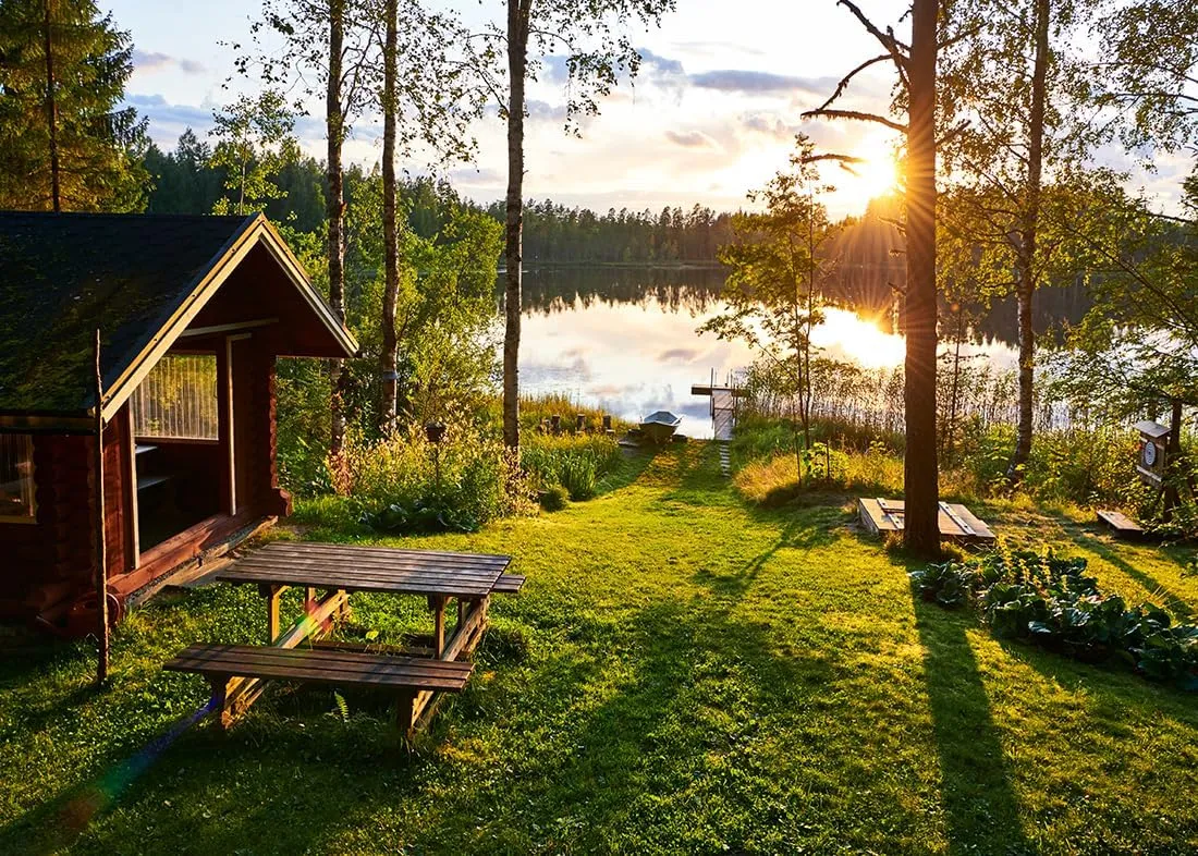 Fabric 10x8ft Forest Lake Backdrop Sunset Forest Lakeside Quaint Log Cabin Idyllic Scene Background Outdoor Camping Hiking Party Decorations Kids Adults Artistic Portrait Photo Studio Props