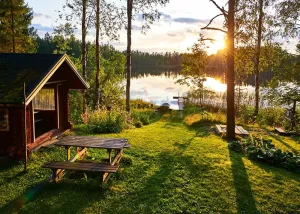 Fabric 10x8ft Forest Lake Backdrop Sunset Forest Lakeside Quaint Log Cabin Idyllic Scene Background Outdoor Camping Hiking Party Decorations Kids Adults Artistic Portrait Photo Studio Props