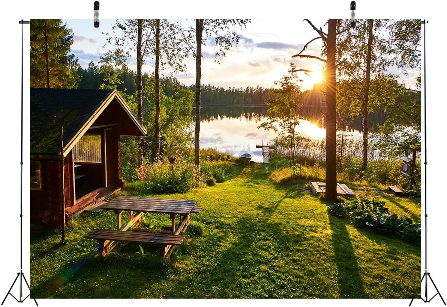 Fabric 10x8ft Forest Lake Backdrop Sunset Forest Lakeside Quaint Log Cabin Idyllic Scene Background Outdoor Camping Hiking Party Decorations Kids Adults Artistic Portrait Photo Studio Props