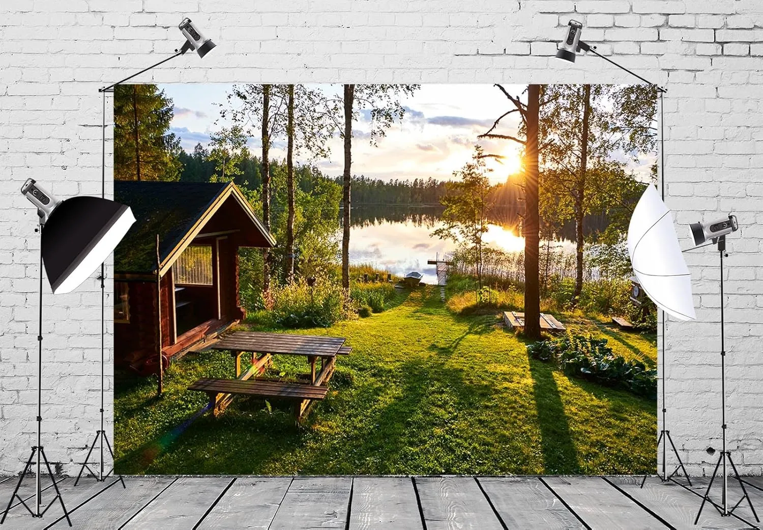 Fabric 10x8ft Forest Lake Backdrop Sunset Forest Lakeside Quaint Log Cabin Idyllic Scene Background Outdoor Camping Hiking Party Decorations Kids Adults Artistic Portrait Photo Studio Props