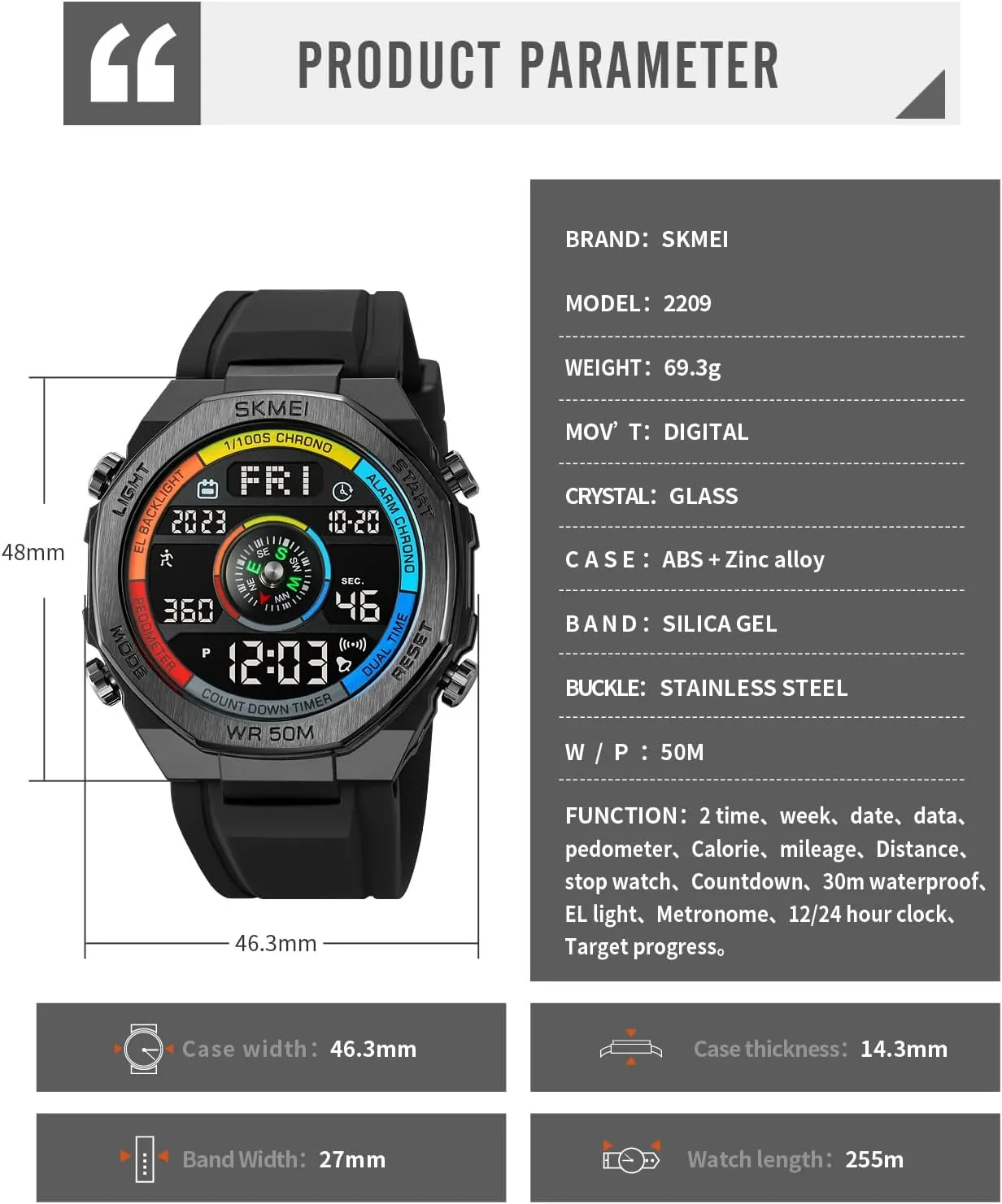 FANMIS Unisex Pedometer Watches Military Multifunctional 50M Waterproof Digital Outdoor Sports Watch