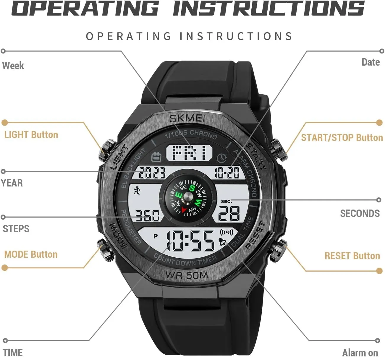 FANMIS Unisex Pedometer Watches Military Multifunctional 50M Waterproof Digital Outdoor Sports Watch