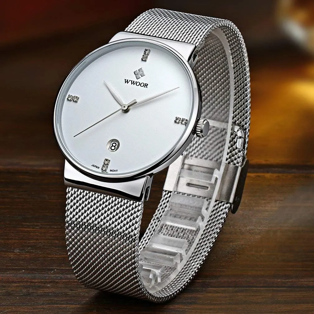 Fashion Business Quartz Watch for Men Analog Slim Waterproof Date Stainless Steel Mesh Band Elite Sports Watches
