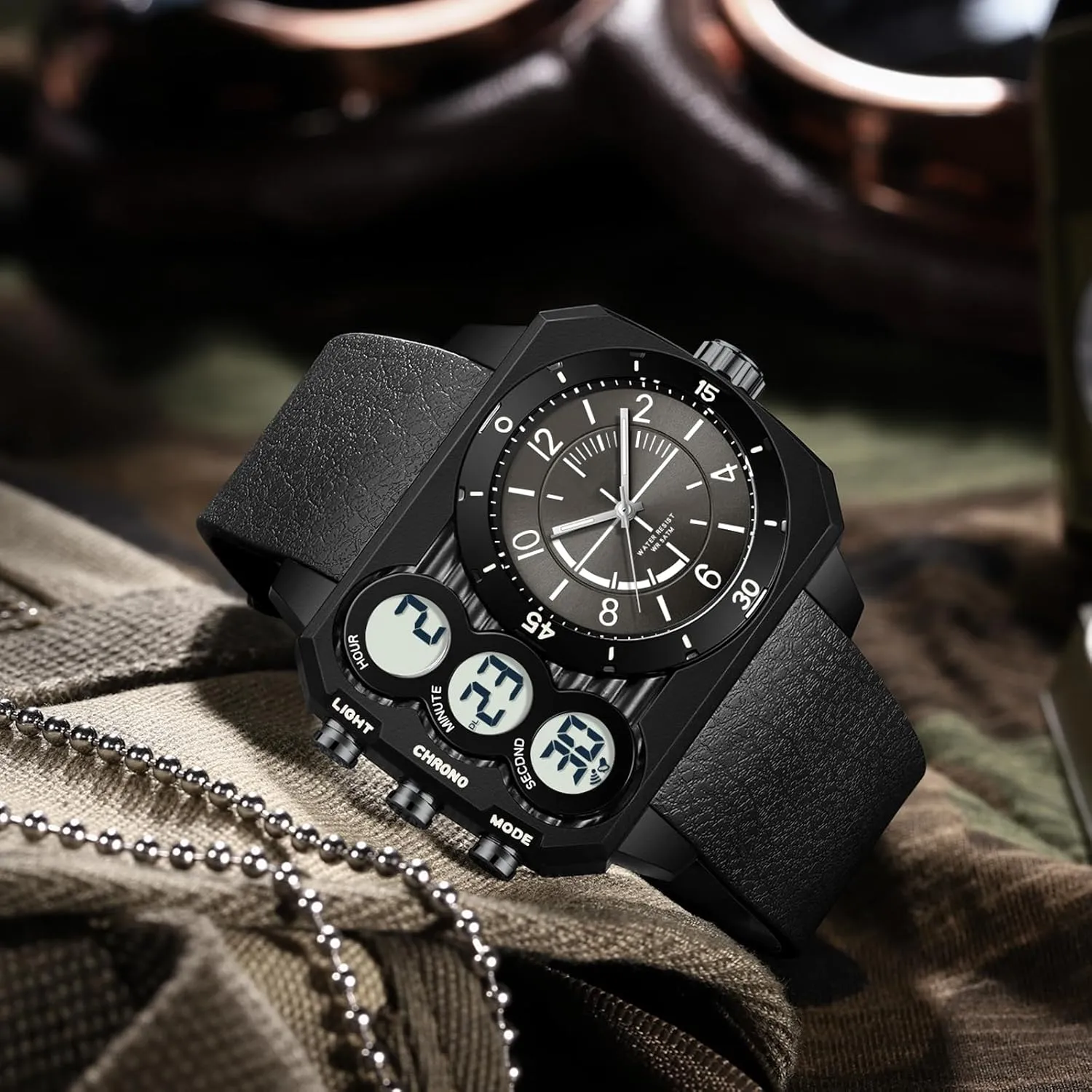 findtime Big Face Watch for Men Square Large Face Cool Mens Watches with Three Time Zone Countdown Alarm LED Stopwatch Unique Cool Wristwatch