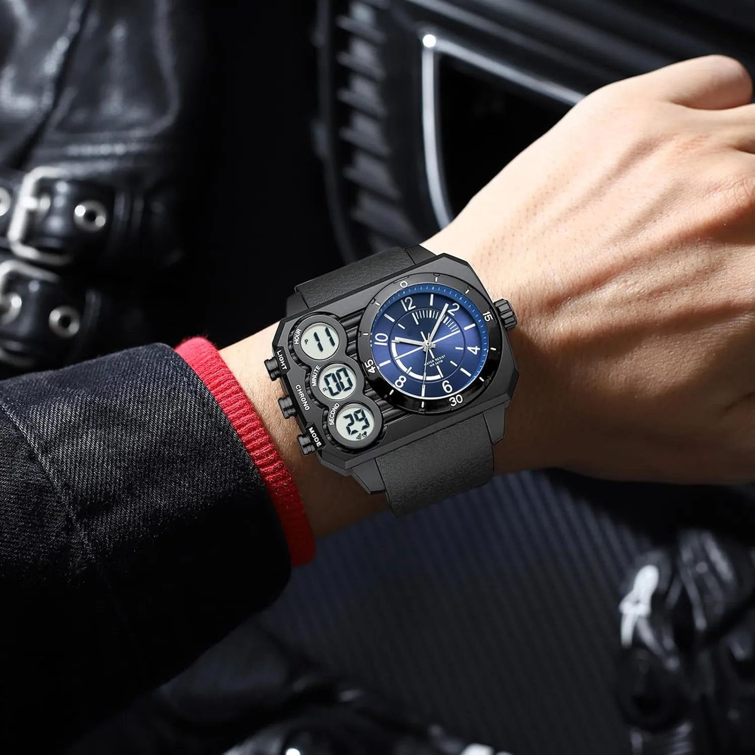 findtime Big Face Watch for Men Square Large Face Cool Mens Watches with Three Time Zone Countdown Alarm LED Stopwatch Unique Cool Wristwatch