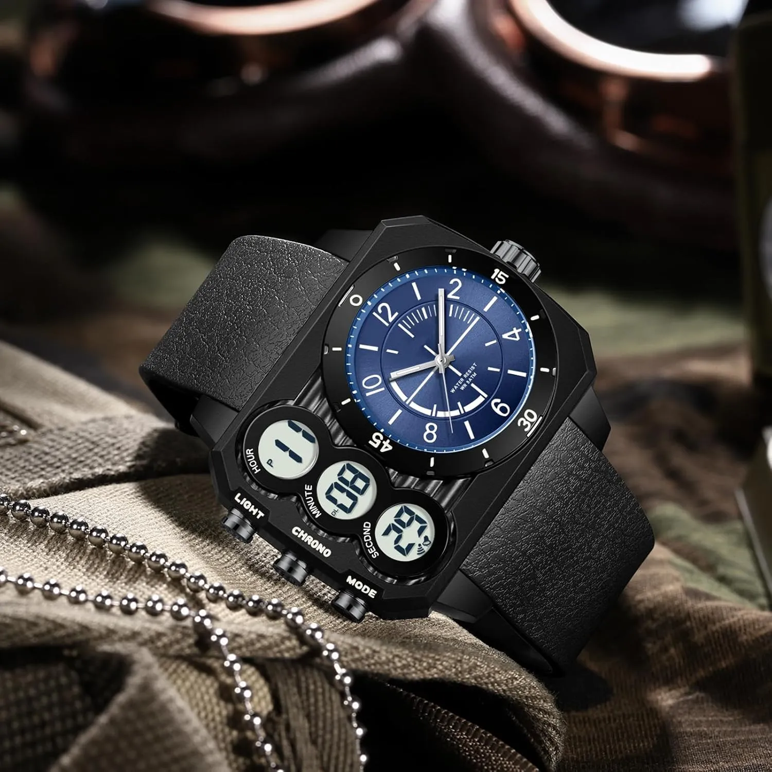 findtime Big Face Watch for Men Square Large Face Cool Mens Watches with Three Time Zone Countdown Alarm LED Stopwatch Unique Cool Wristwatch