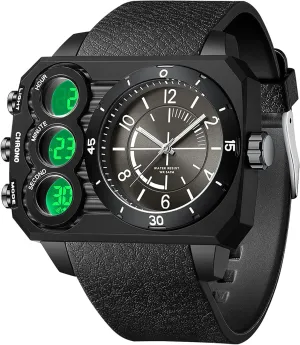 findtime Big Face Watch for Men Square Large Face Cool Mens Watches with Three Time Zone Countdown Alarm LED Stopwatch Unique Cool Wristwatch