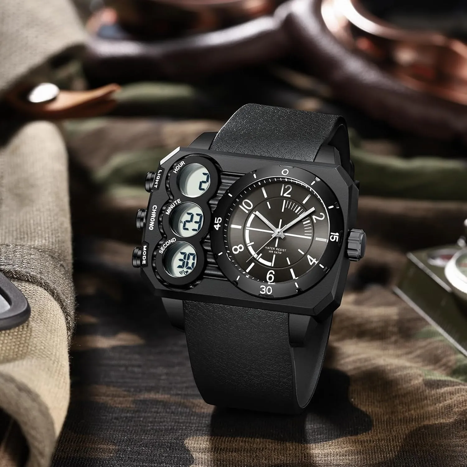 findtime Big Face Watch for Men Square Large Face Cool Mens Watches with Three Time Zone Countdown Alarm LED Stopwatch Unique Cool Wristwatch