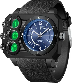 findtime Big Face Watch for Men Square Large Face Cool Mens Watches with Three Time Zone Countdown Alarm LED Stopwatch Unique Cool Wristwatch