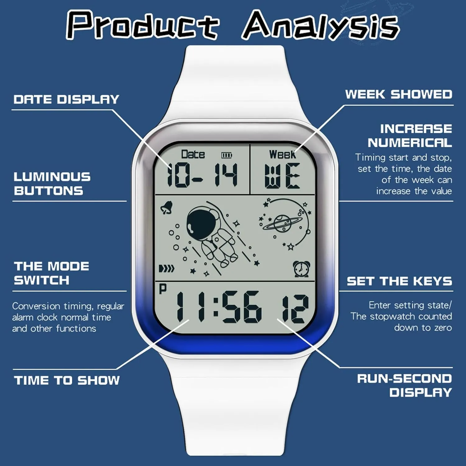 findtime Digital Watch Rectangular Watches for Women Men White Unisex Square LED Electronic 5ATM Waterproof Wristwatch Sports Silicone Strap