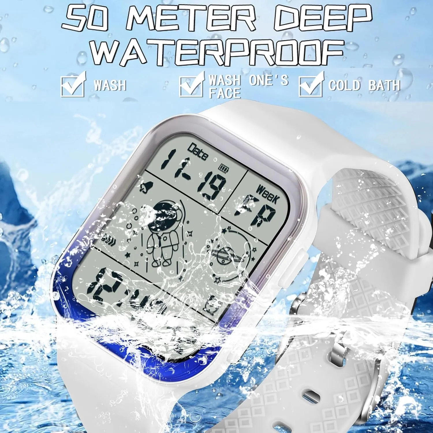 findtime Digital Watch Rectangular Watches for Women Men White Unisex Square LED Electronic 5ATM Waterproof Wristwatch Sports Silicone Strap