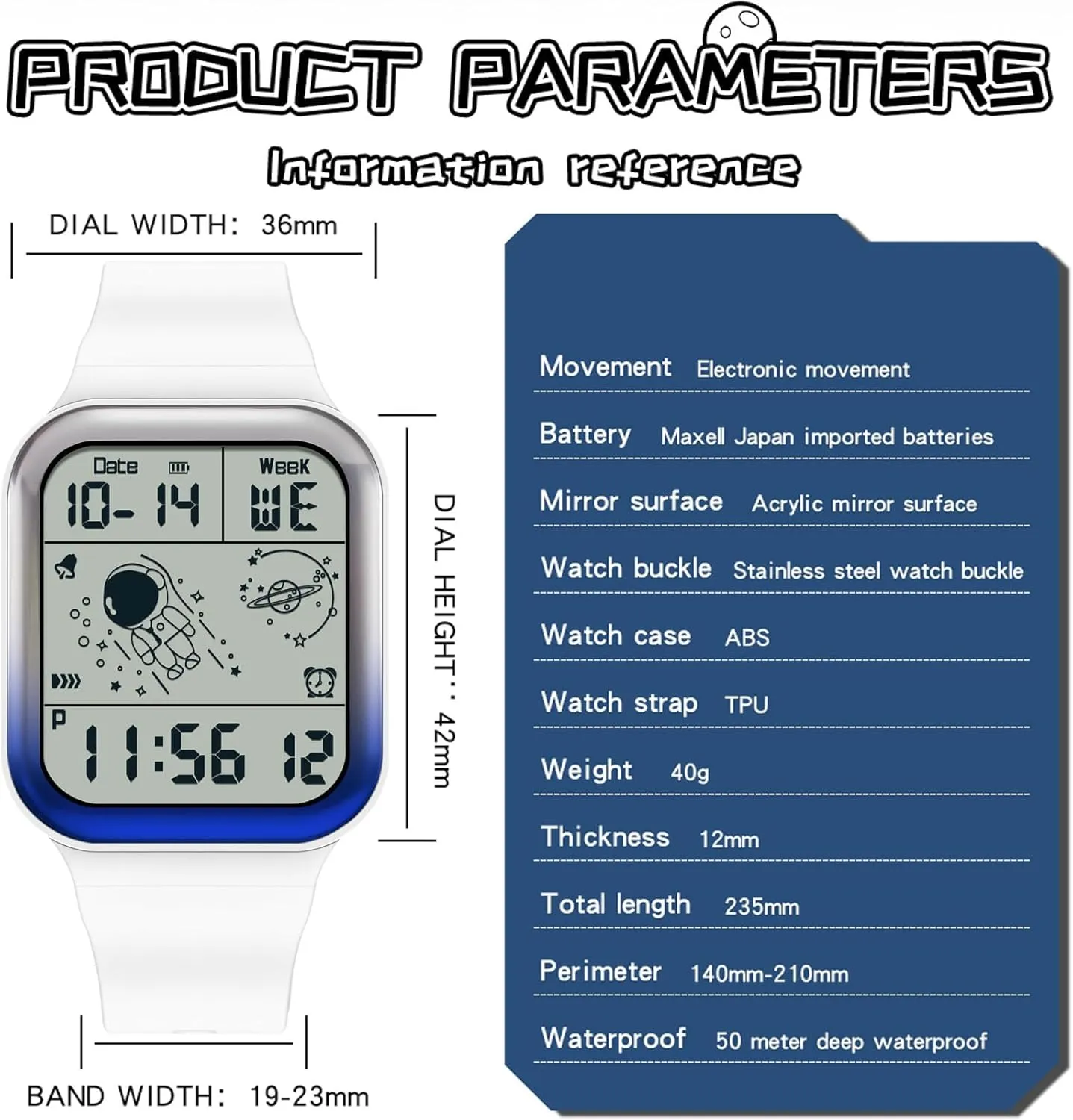 findtime Digital Watch Rectangular Watches for Women Men White Unisex Square LED Electronic 5ATM Waterproof Wristwatch Sports Silicone Strap