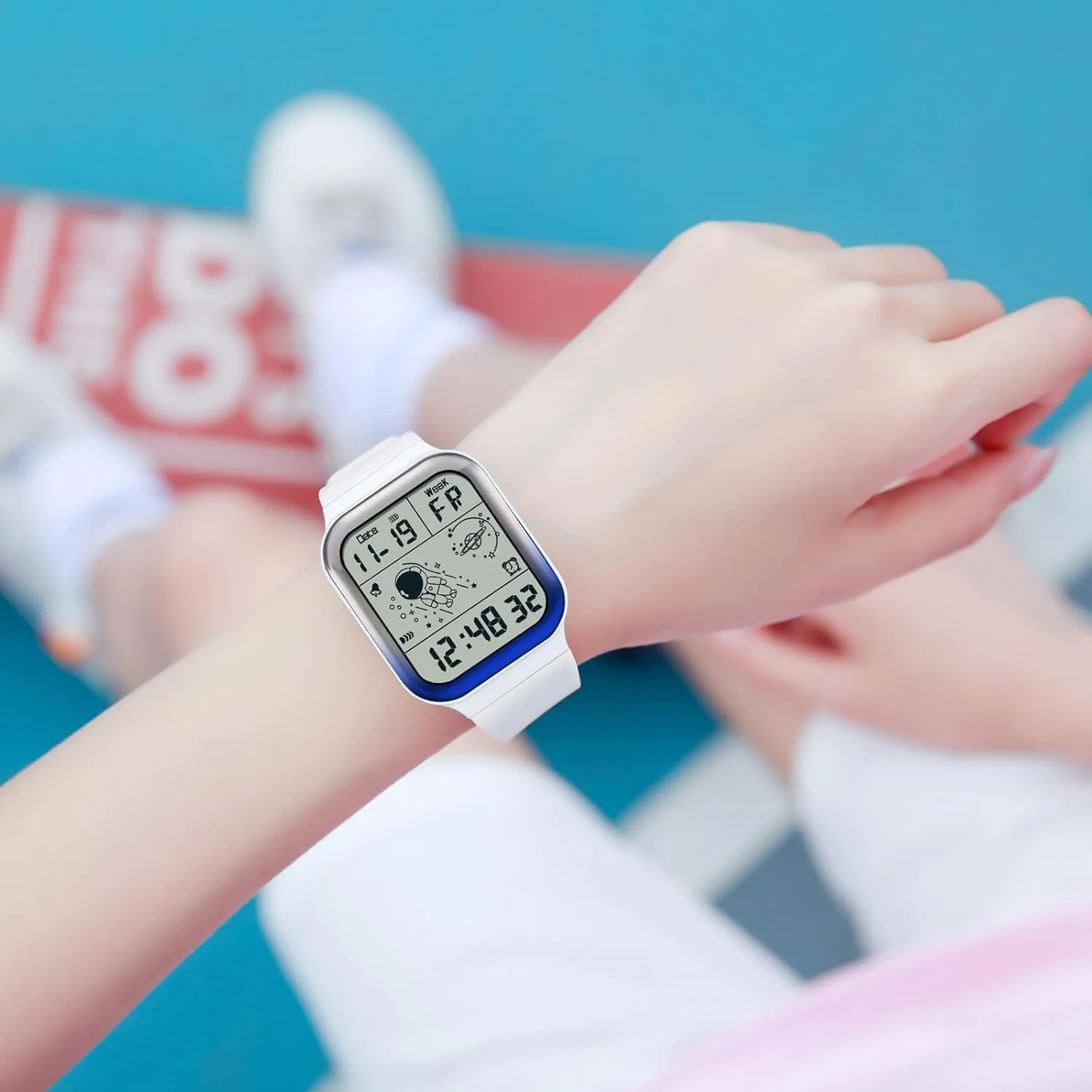 findtime Digital Watch Rectangular Watches for Women Men White Unisex Square LED Electronic 5ATM Waterproof Wristwatch Sports Silicone Strap