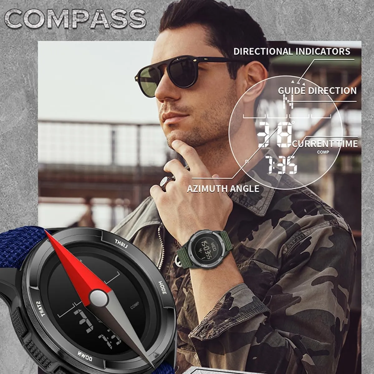 findtime Men's Digital Watch Pedometer Step Counter Watches Military Compass Waterproof Wrist Watch Tactical Sport Watch Calories Counter Pacer Running Wristwatch LED Light Stopwatch Countdown