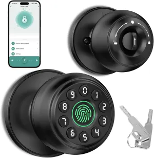 Fingerprint Door Lock，Fingerprint and Keypad Input Smart Door knob, App Controlled Biometric Door Lock, Keyless Entry, Bedroom, Office, Hotel, Apartment Auto Door knob(Matte Black)