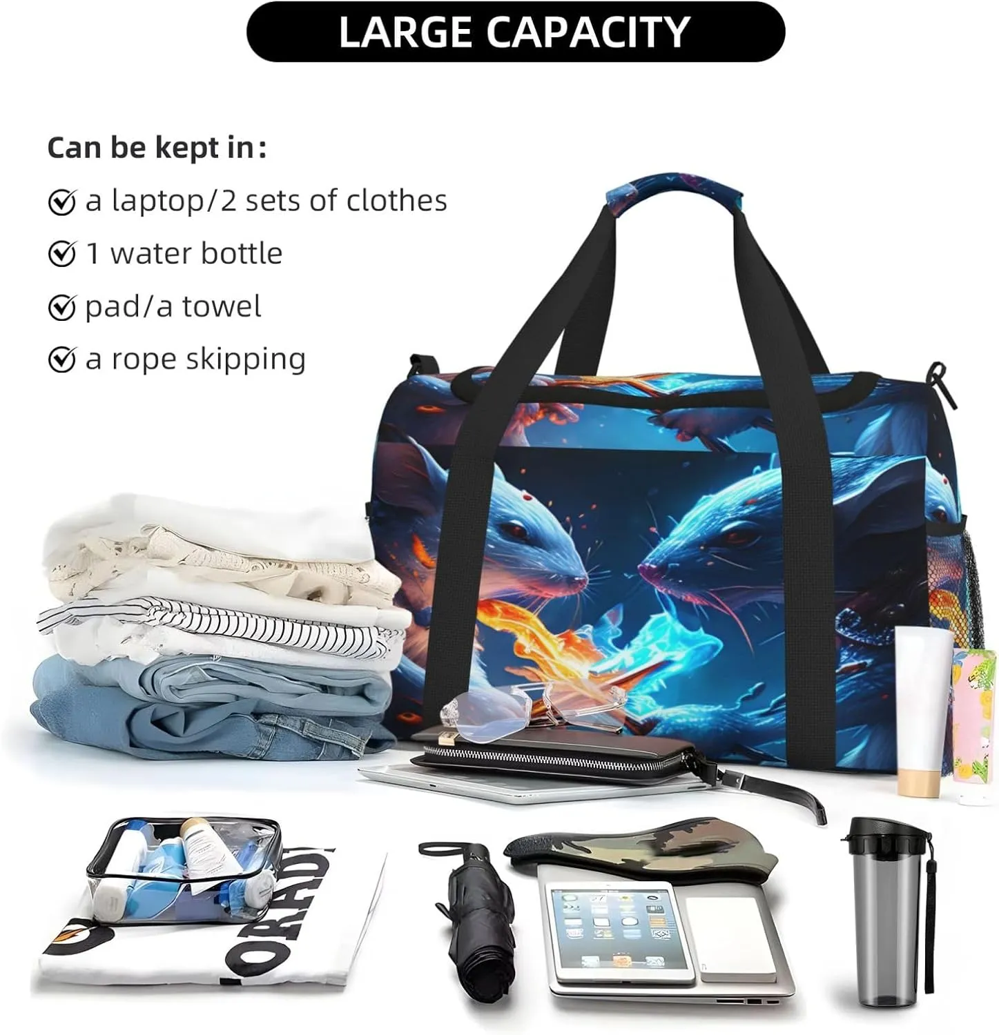 Fire And Ice Mouse Travel Duffel Bag Large Foldable Waterproof Overnight Bag For Beach Swim Bags Pool Sports Gym