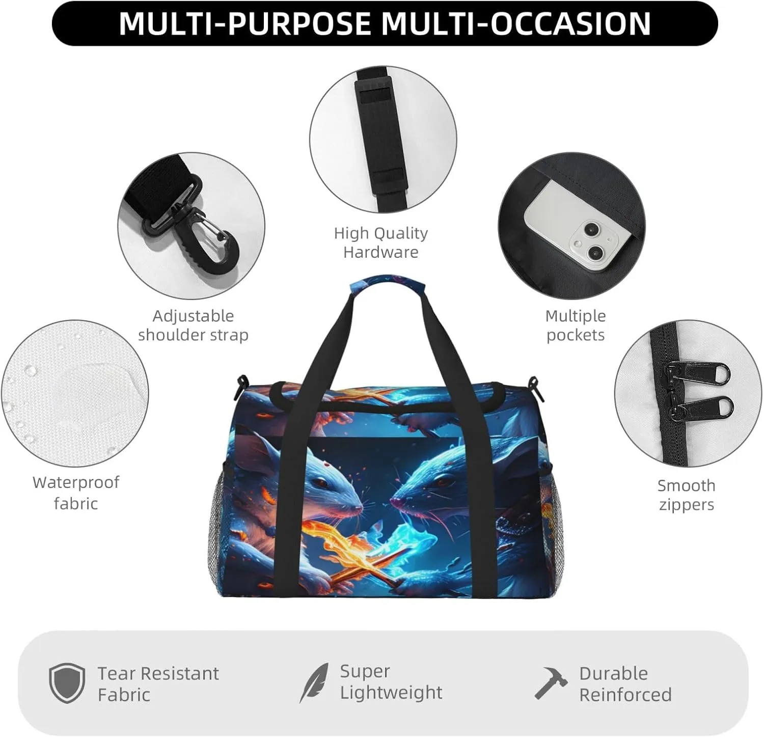 Fire And Ice Mouse Travel Duffel Bag Large Foldable Waterproof Overnight Bag For Beach Swim Bags Pool Sports Gym