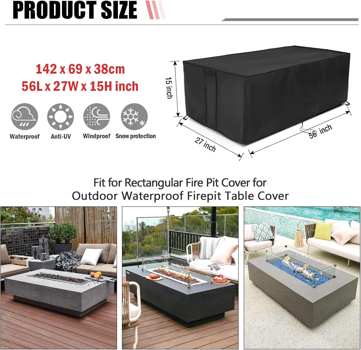 Fire Pit Cover Rectangular 56 Inch,Propane Gas Fire Pit Table Cover,Outdoor Waterproof Firepit Table Cover - 56 x 27 x 15 Inch