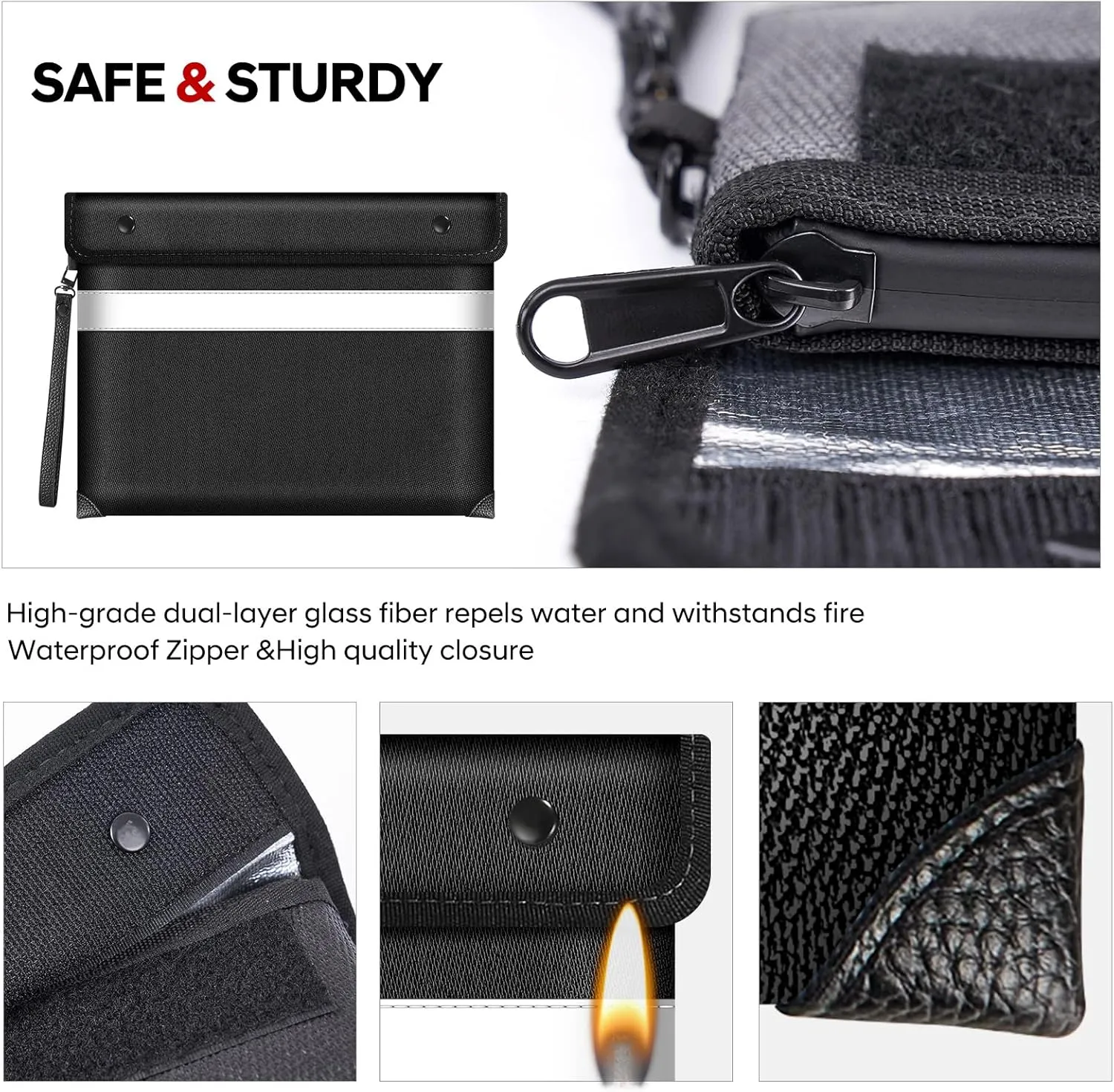 Fire Proof Bag for Documents 5200°F Heat Insulated,13.9” X 10.6”Fireproof Money Bag with Zipper,8 Layers of Protective Materials Waterproof Fireproof Bag for Cash,Valuables,Documents(Black)