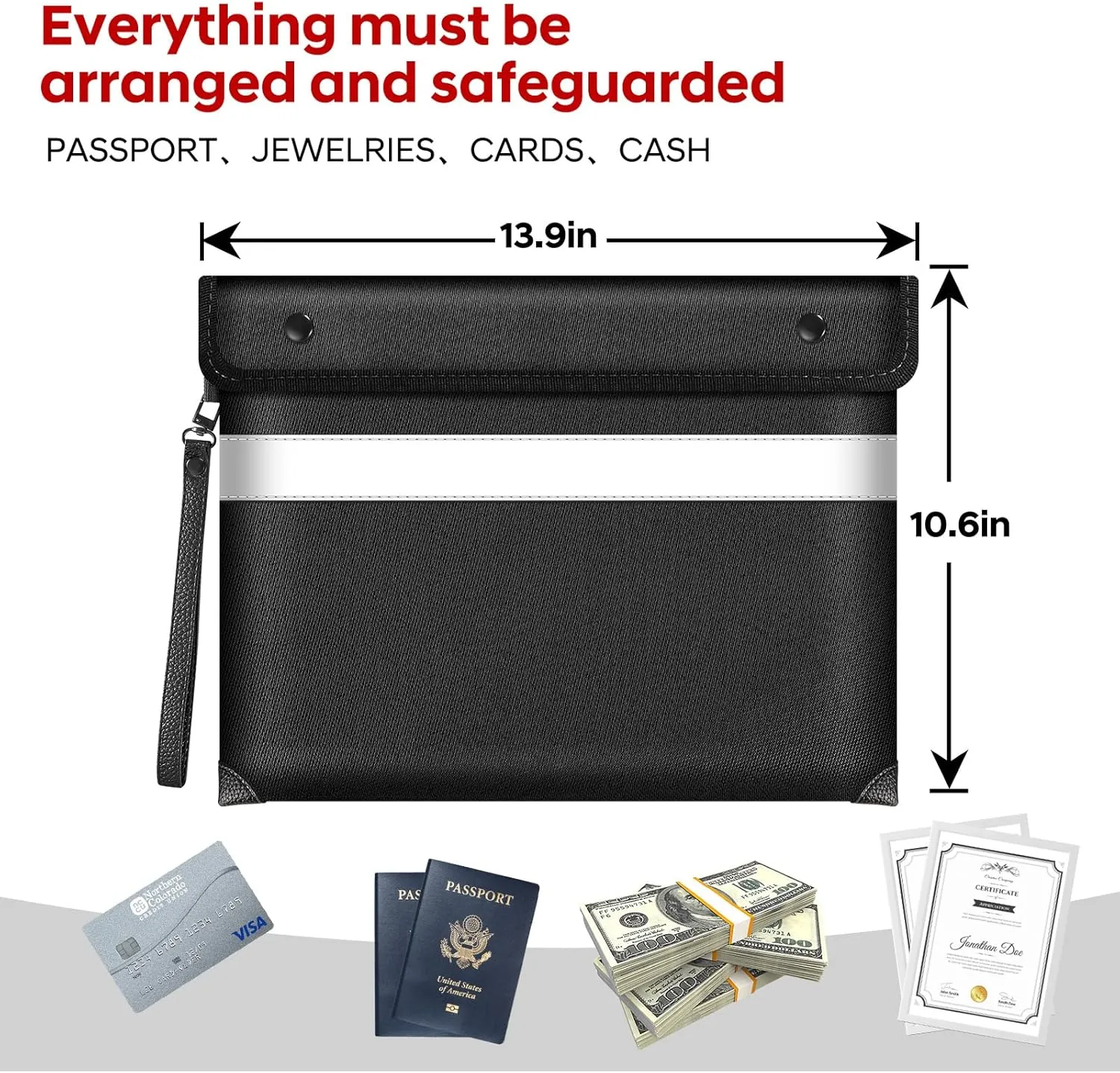 Fire Proof Bag for Documents 5200°F Heat Insulated,13.9” X 10.6”Fireproof Money Bag with Zipper,8 Layers of Protective Materials Waterproof Fireproof Bag for Cash,Valuables,Documents(Black)