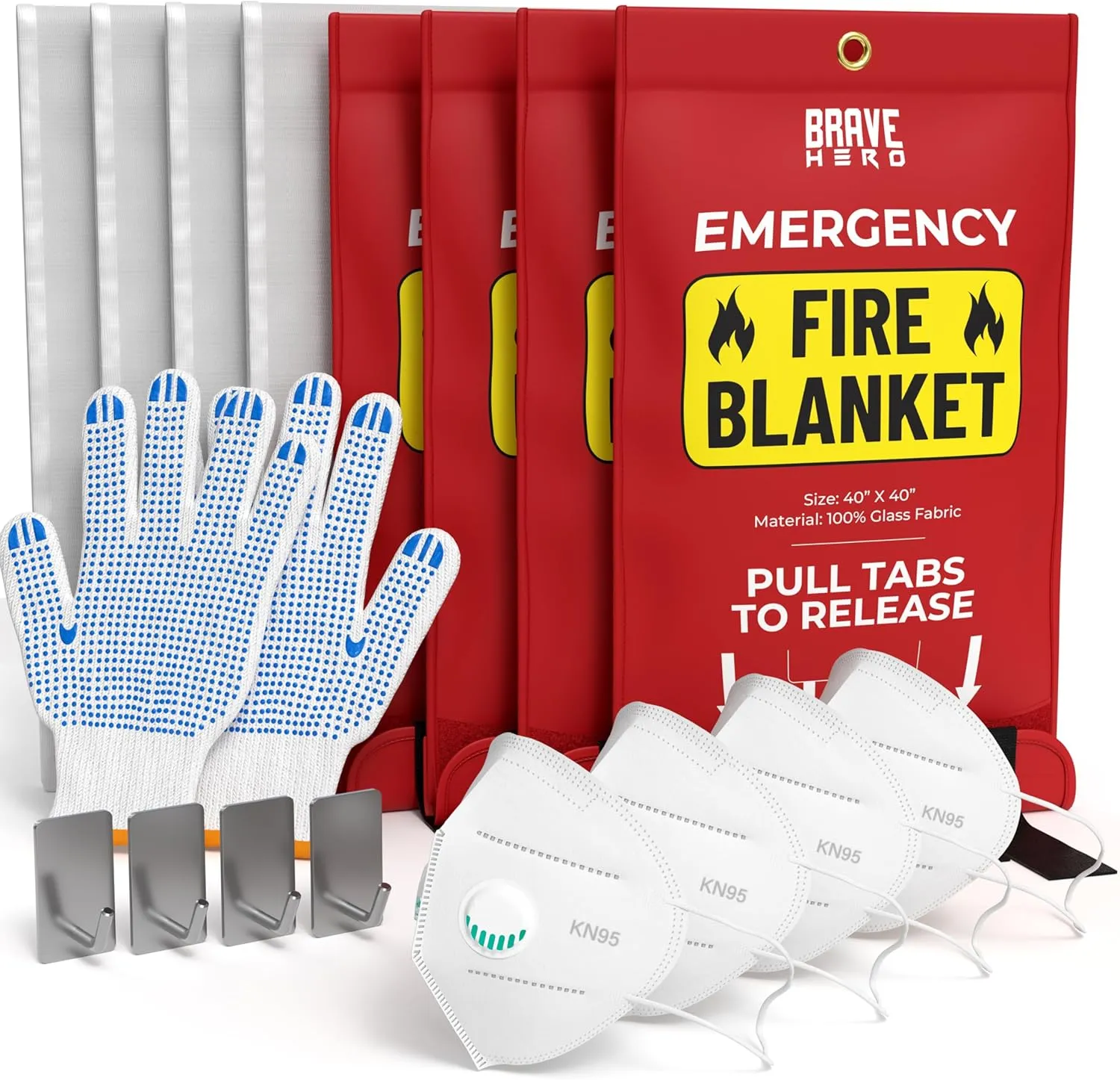 Fire Safety Kit | Kitchen Fire Blanket with Gloves & KN95 Masks | Emergency Fire Suppression Blanket 4-Pack
