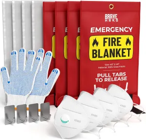 Fire Safety Kit | Kitchen Fire Blanket with Gloves & KN95 Masks | Emergency Fire Suppression Blanket 4-Pack