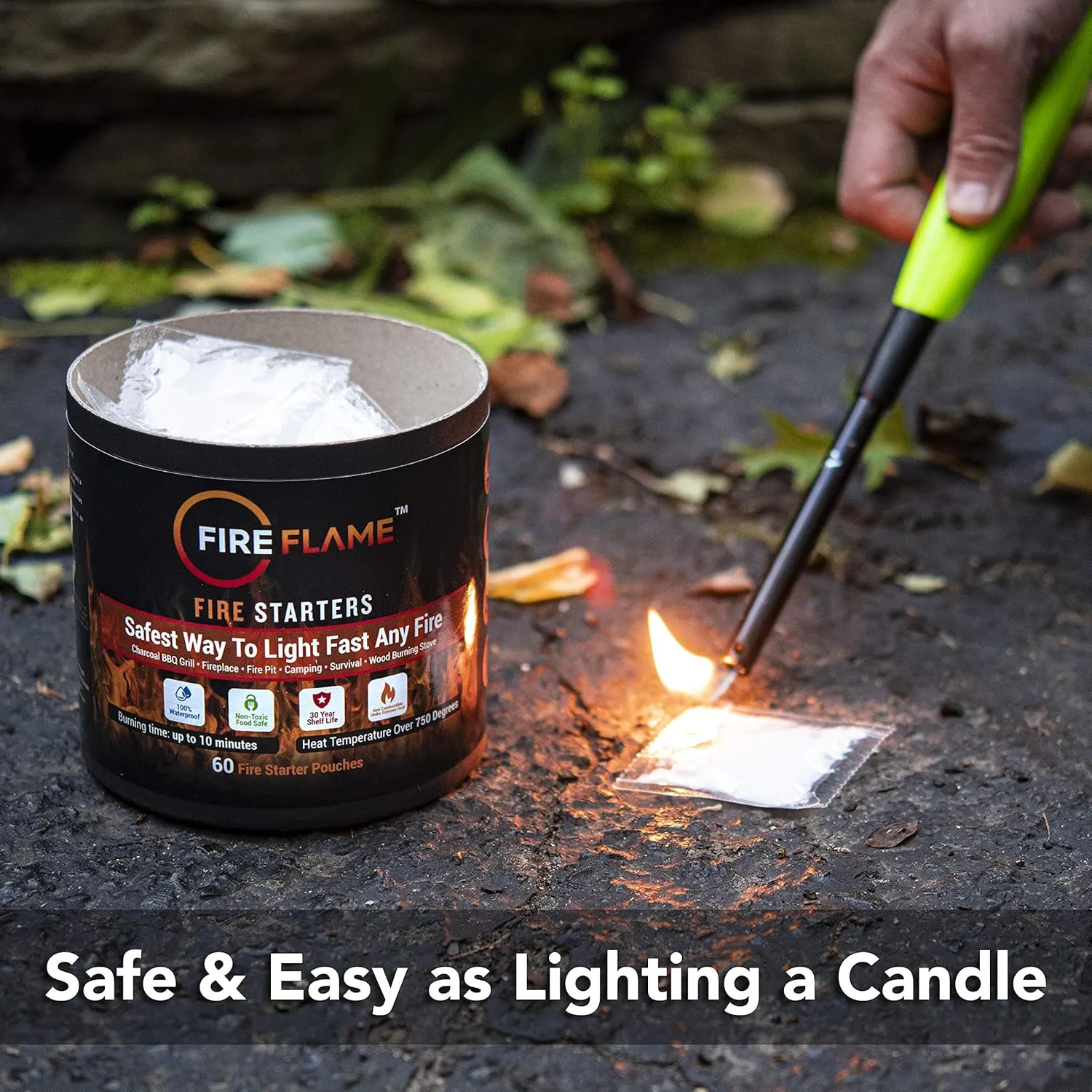 Fireflame Quick Instant Fire Starter - 100% Waterproof All-Purpose Indoor & Outdoor Firestarter, for Charcoal Starter, Campfire, Fireplace, BBQ - Odorless and Non-Toxic - 40 Pouches in Canister