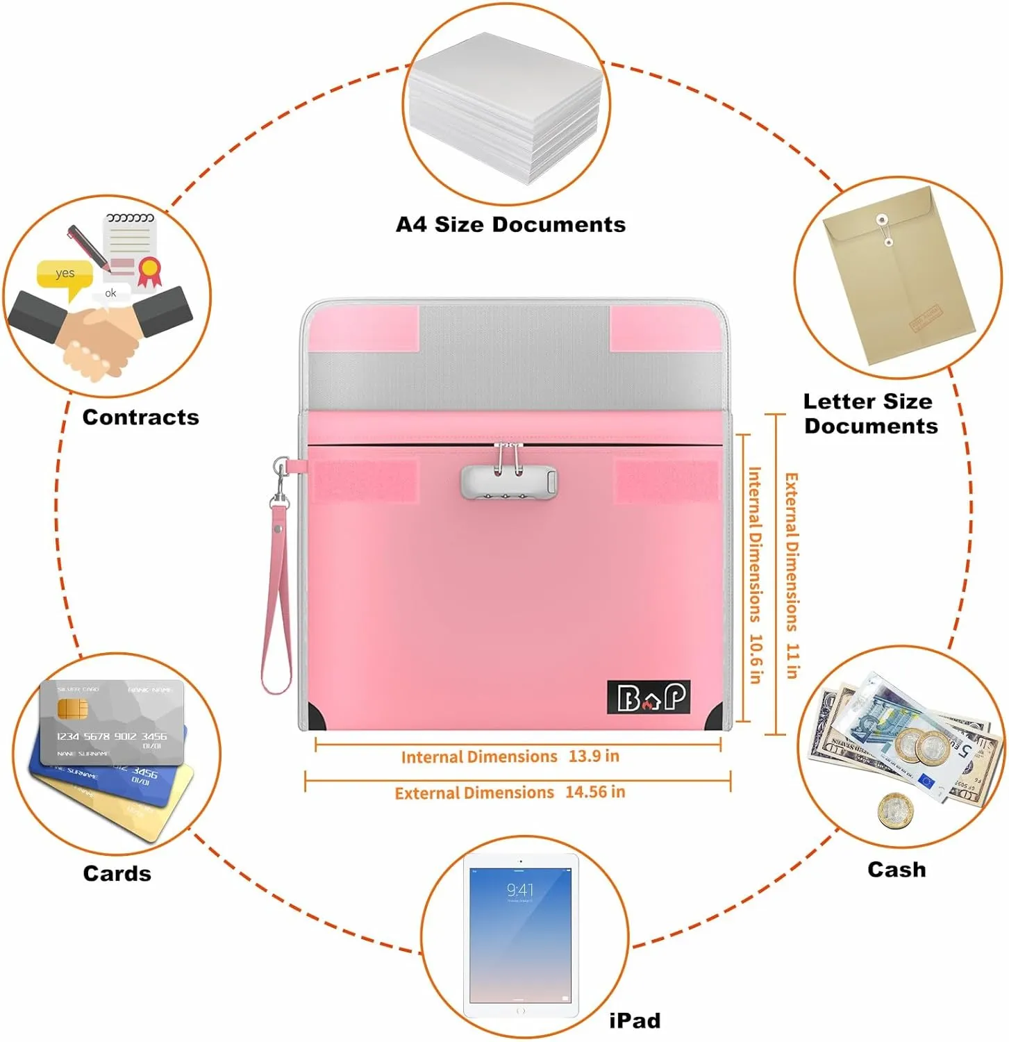 Fireproof Document Bag with Lock - 4200°F Heat Insulated, Water Fire Proof Bag with Zipper, Fireproof Money Bag for Cash, Letter A4 A5 Size Documents, Passport and Valuables,13.9"x10.6"(Pink)