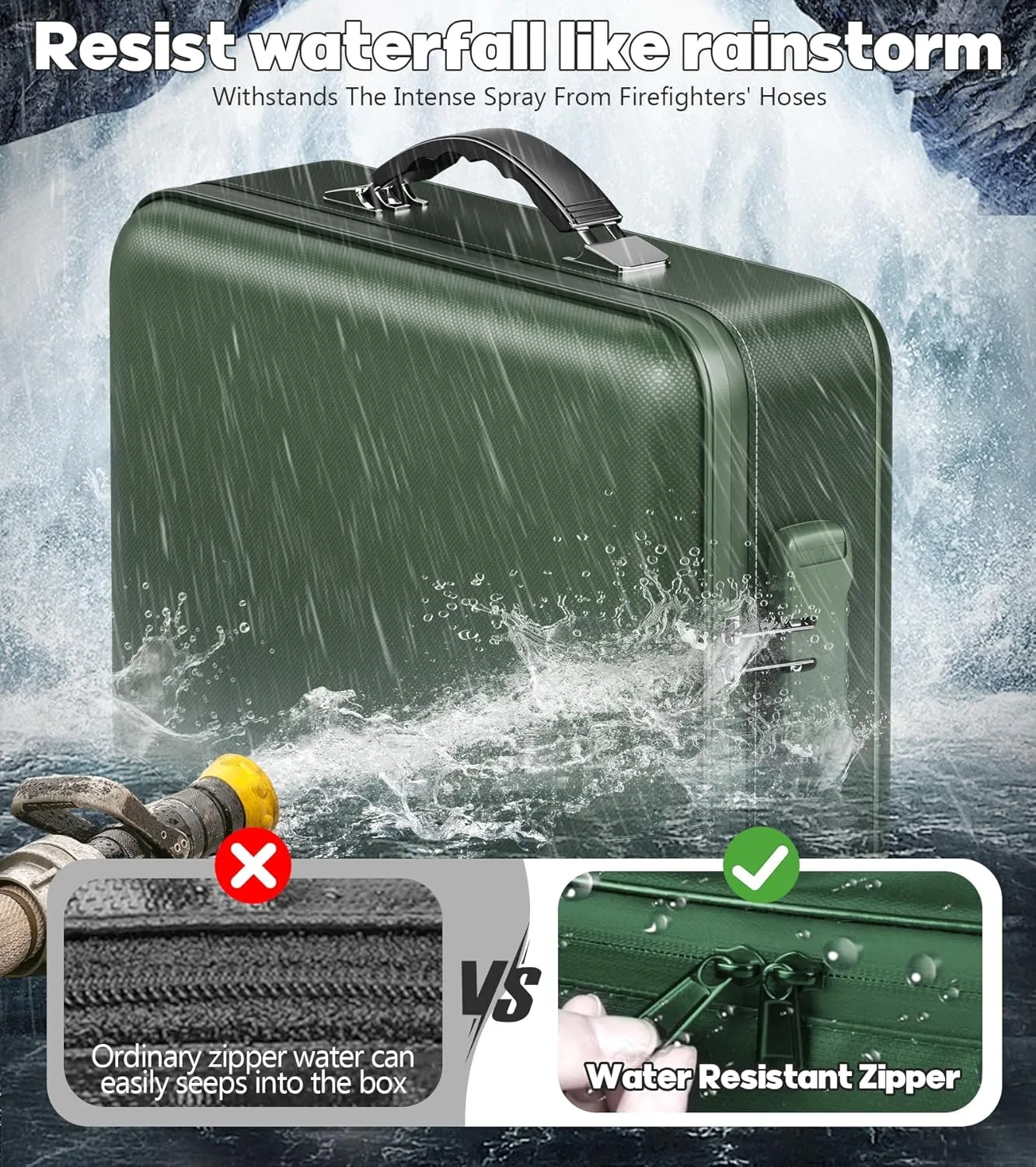 Fireproof Document Box, Hard Case Highly Flame-Resistant Fire Proof Waterproof File Organizer with Lock, Portable Fire Safe for Important Documents & Valuables Storage (Green, ‎15"*11"*5")