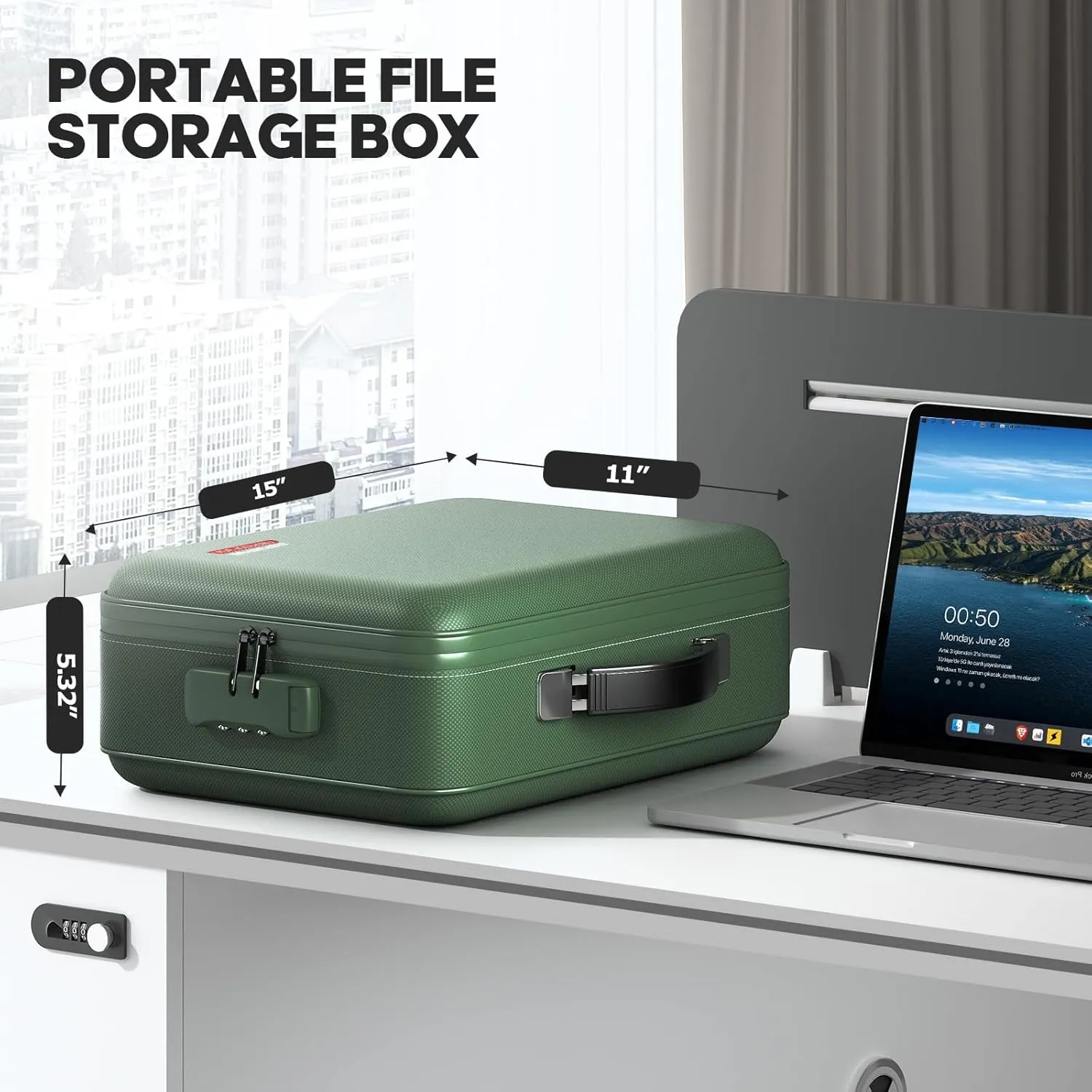 Fireproof Document Box, Hard Case Highly Flame-Resistant Fire Proof Waterproof File Organizer with Lock, Portable Fire Safe for Important Documents & Valuables Storage (Green, ‎15"*11"*5")