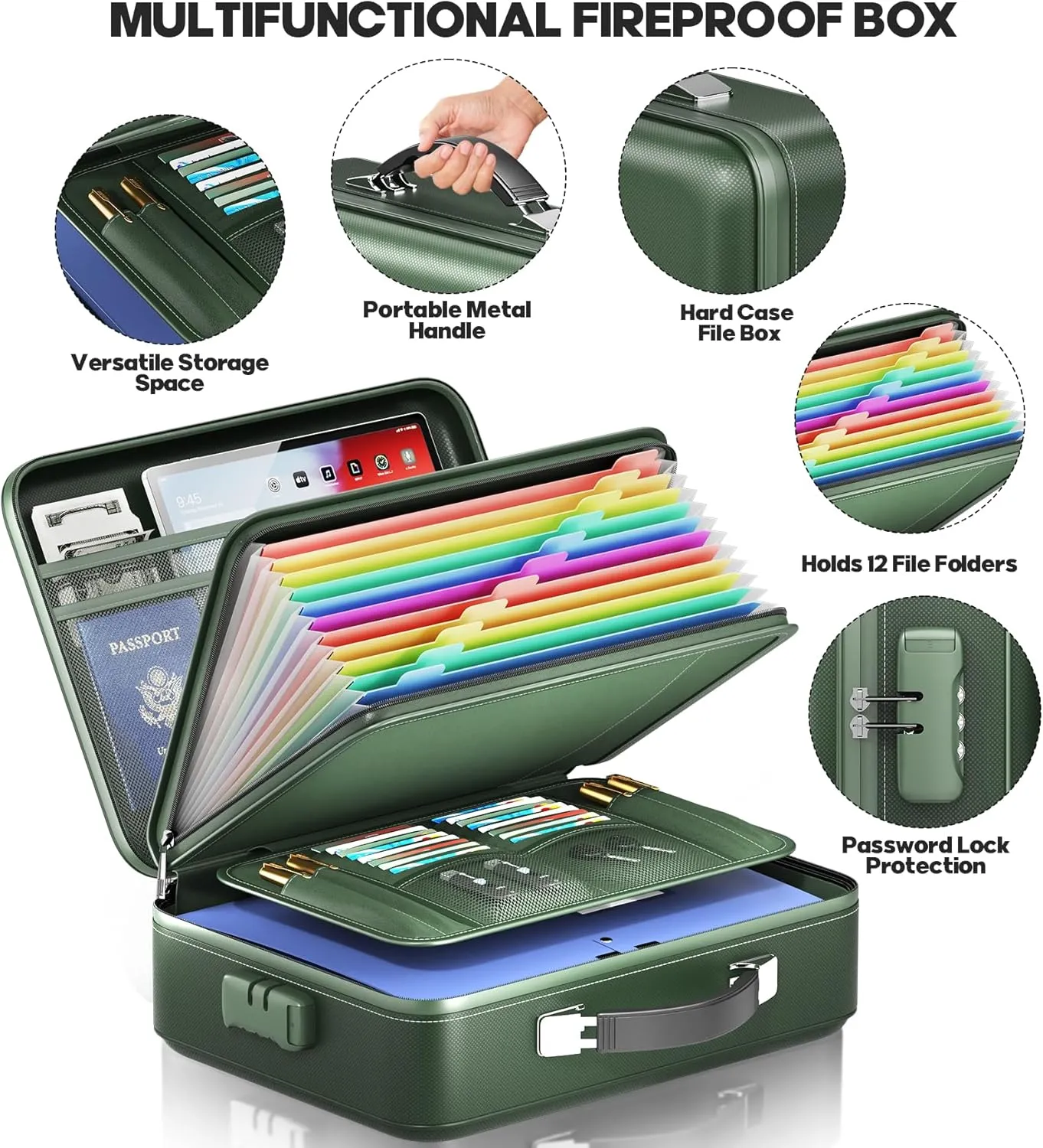 Fireproof Document Box, Hard Case Highly Flame-Resistant Fire Proof Waterproof File Organizer with Lock, Portable Fire Safe for Important Documents & Valuables Storage (Green, ‎15"*11"*5")