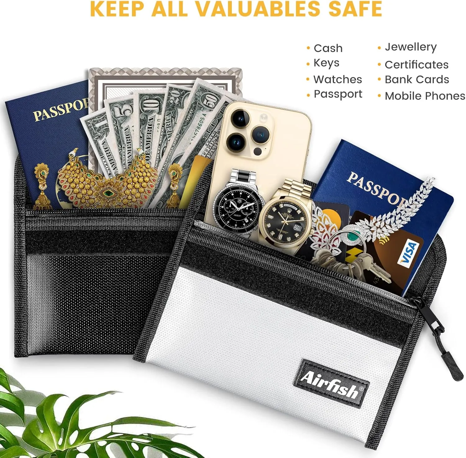 Fireproof Money Bag, 5 x 8 inches Fireproof Wallet, Waterproof Cash Bag with Zipper, Small Fireproof Cash Bag for Valuables