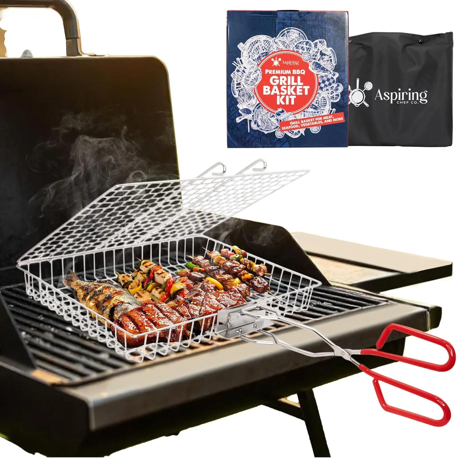 Fish Grill Baskets for Outdoor Grill – Large Stainless Steel BBQ Basket with 3-in-1 Removable Handle, Perfect for Fish, Veggies & Meats – Ideal BBQ Grill Accessories