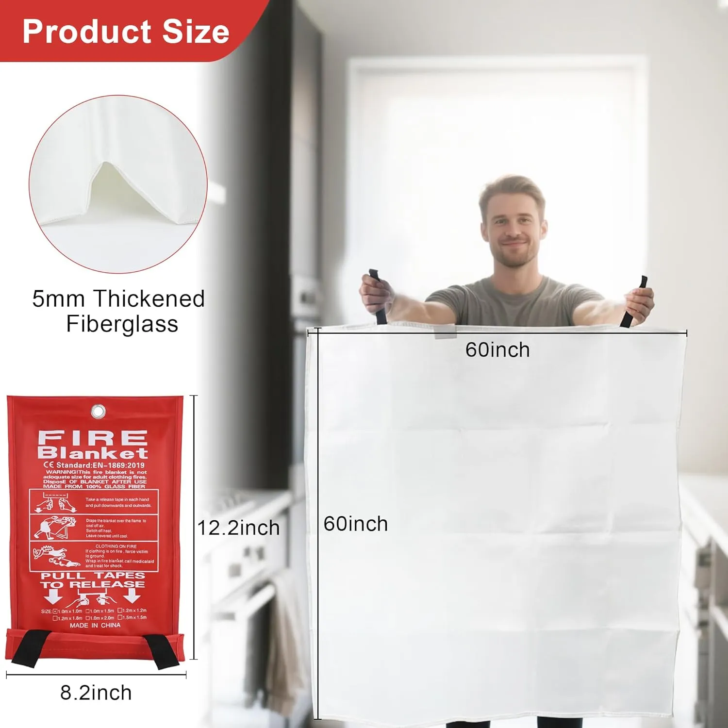 FJNATINH Emergency Fire Blanket - 2Pack 60x60'' Fiberglass Flame Retardant Fire Blanket for Kitchen, Home, Fireplace, Grill, Warehouse, Camping Use